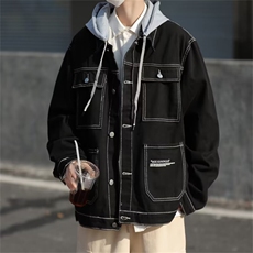 日系古着感纯黑色牛仔棉服男工装棉衣冬季潮牌外套，男装夹克，星座716-2