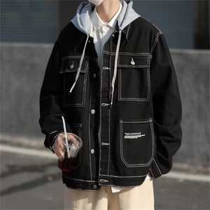 日系古着感纯黑色牛仔棉服男工装棉衣冬季潮牌外套图片