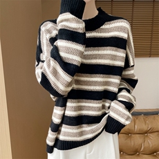 2025秋冬新款圆领长袖条纹针织衫，女装羊毛衫，浙麦羊绒