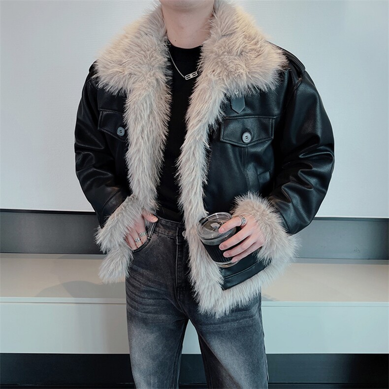 冬季网红高级感韩系加棉毛领潮牌皮毛一体棉衣男毛毛皮衣M135P175，男装皮衣，电商B267
