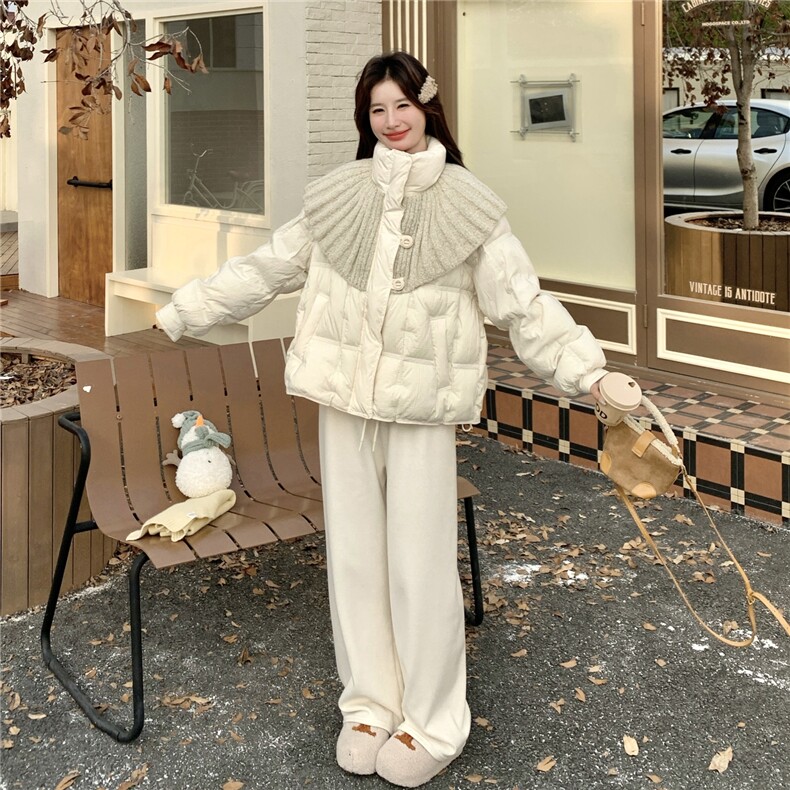 针织拼接短款羽绒服女冬2026新款设计感减龄巨好看保暖白鸭绒外套,女装羽绒服,2C159