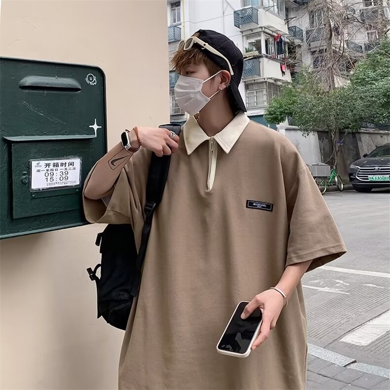圆领ins潮标准潮流夏季男新款五分袖青春流行T恤时尚潮牌图片