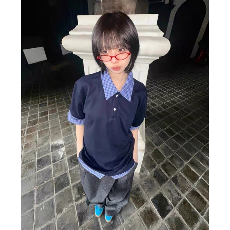 得物抖音高品质二开夏季美式潮牌高街假两件格子衬衣翻领短袖T恤,男装T恤,电商A486