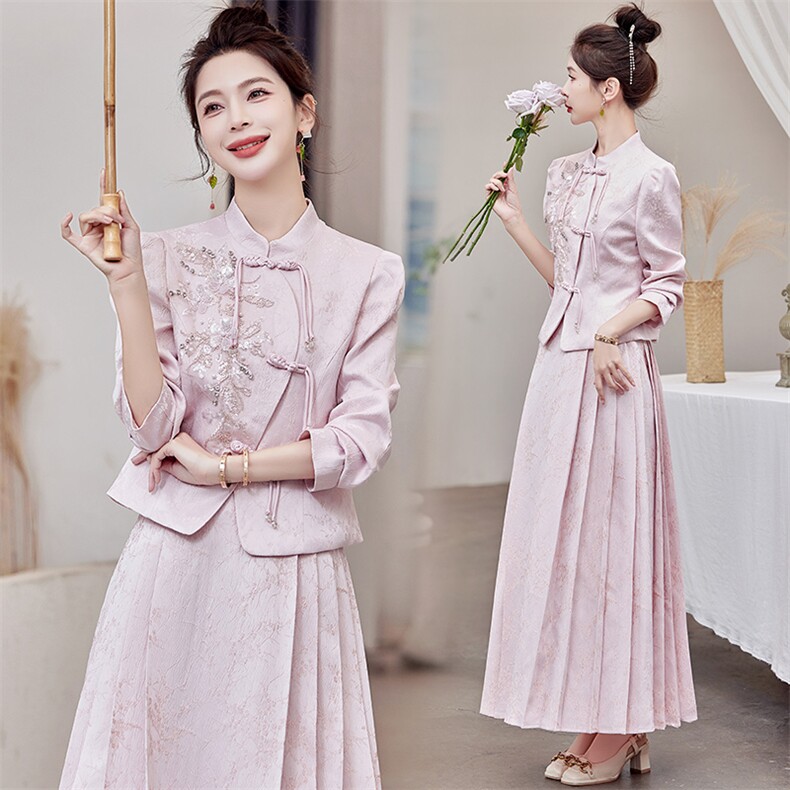 2025新款春秋装复古中国风绣花连衣裙女装礼服气质新中式套装裙,女装套装/套裙,芷墨服饰
