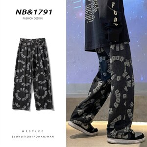 推荐！港风宽松潮流直筒牛仔长裤男女B377-N679-P4558，男装牛仔裤，电商B377