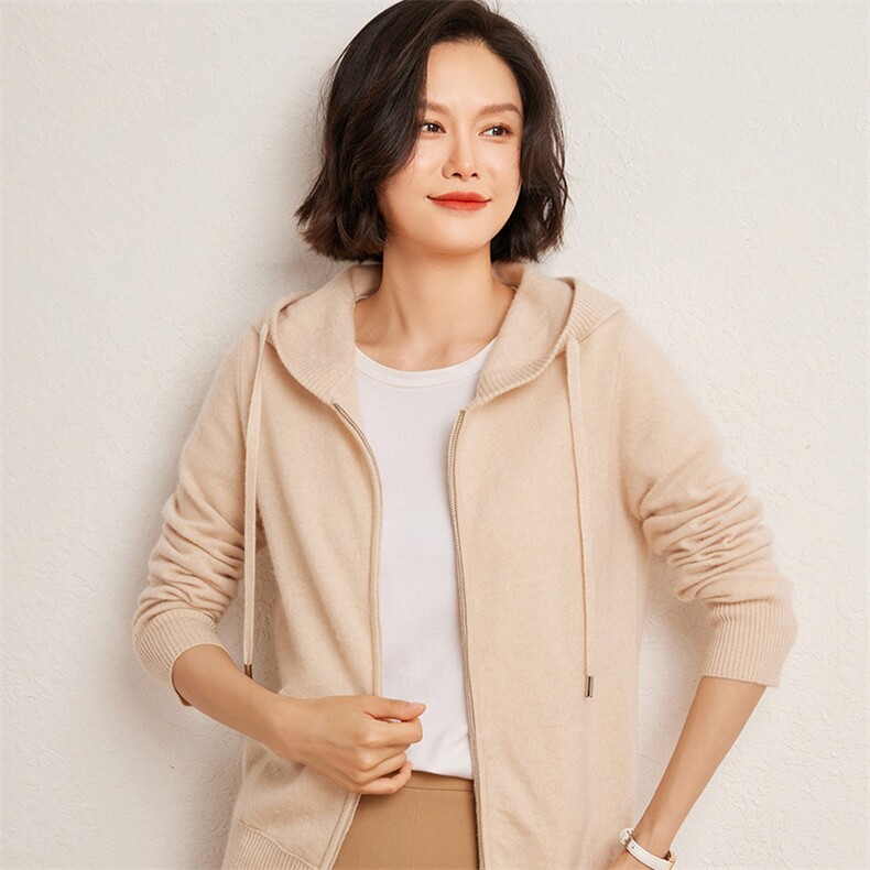 秋冬季35%羊绒65%羊毛休闲百搭12针连帽开衫羊绒衫，女装羊绒衫，广悦羊绒