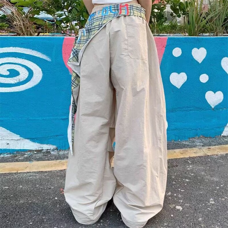 美式复古辣妹宽松高腰屁帘拼接工装裤女夏季宽松阔腿伞兵拖地长裤,男装休闲裤,星座1210-1