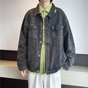 美式复古黑色牛仔外套男高街潮牌ins潮流宽松情侣春夏装工装夹克图片