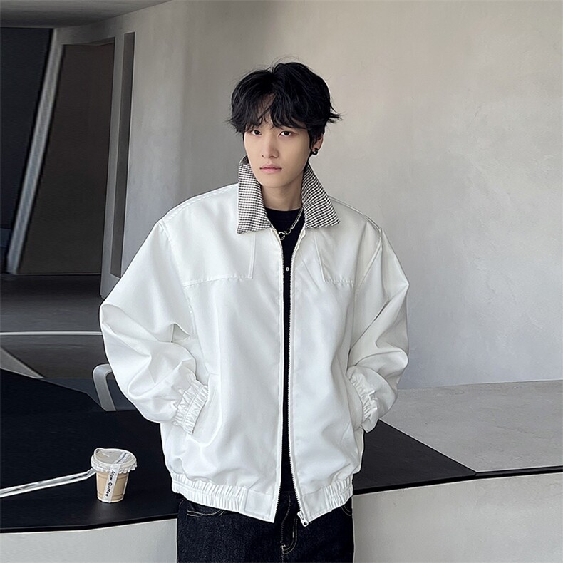现货白色格子拼接外套男春秋立领棒球服韩玲顿夹克,男装夹克,电商C307