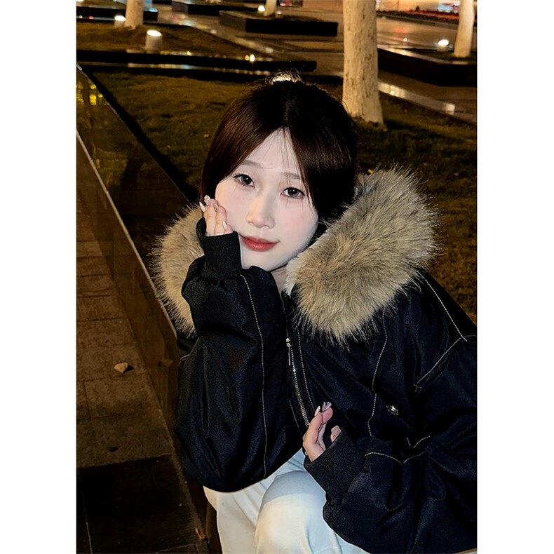 现货重磅boxy短款棉衣座山雕大毛毛领男女棉服水洗工装厚外套，男装棉衣，电商A486-1