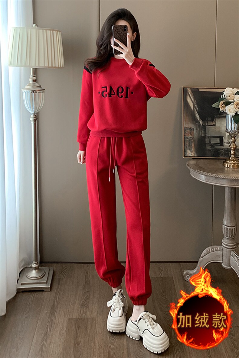 女秋冬新款红色圆领卫衣卫裤加绒两件套,女装套装/套裙,江南