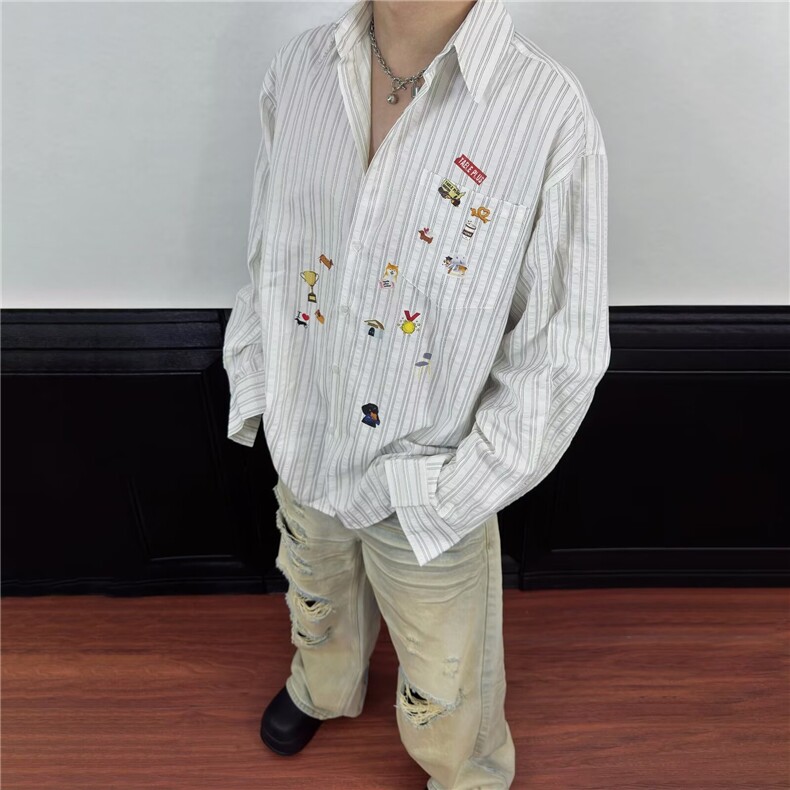 学院风日系条纹长袖衬衫男女款印花宽松慵懒风百搭衬衣CSA159，男装衬衫，星座516A