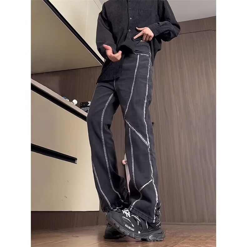 美式复古vibe裤子高街潮牌水洗黑色牛仔裤男小众修身直筒微喇裤图片