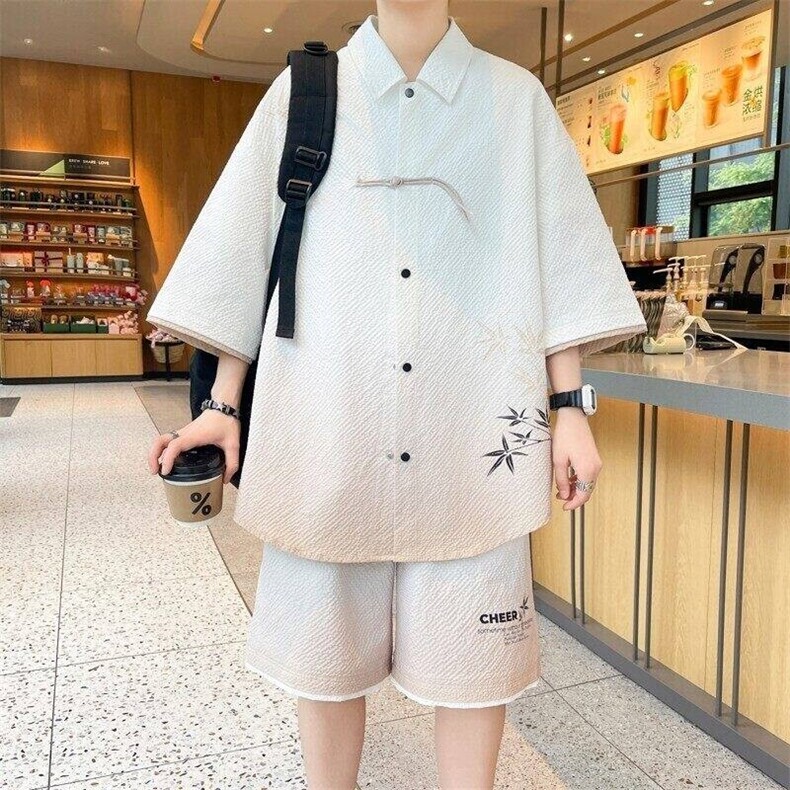wassuphappy新中式套装男款夏季潮流渐变短袖衬衫痞帅一整套搭配,男装衬衫,电商D310B