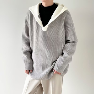 2025假两件毛衣男女秋冬季新款宽松慵懒风针织衫软糯复古连帽上衣图片