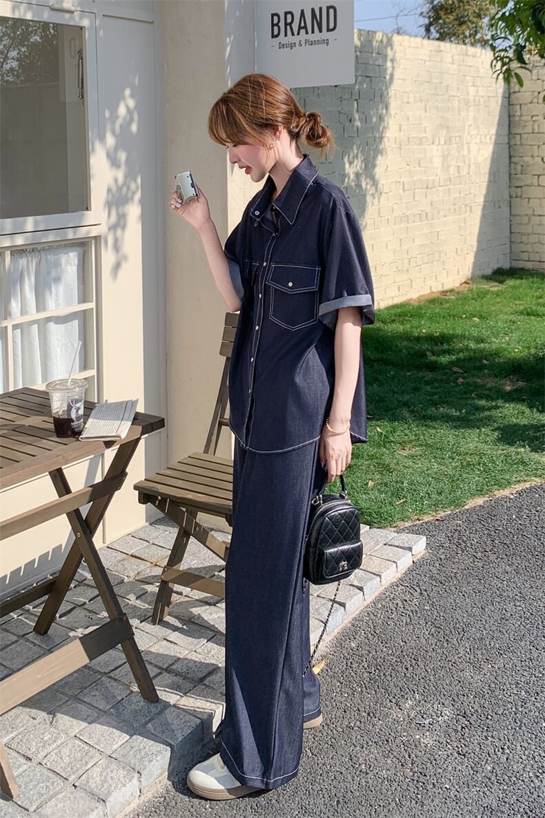 蓝色软牛仔短袖阔腿裤两件套女夏季巨好看韩里韩气独特漂亮一整套,女装套装/套裙,印象茜