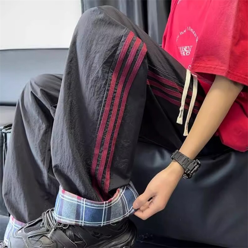冰丝三杠休闲裤男生格子卷边潮宽松阔腿裤夏薄款运动长裤MK75P40,女装休闲裤,星座1013-5