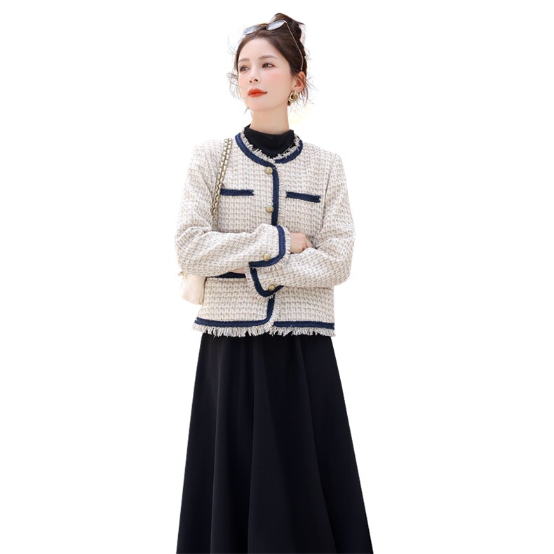 现货小香风外套女2024秋季新款撞色拼接圆领单排扣宽松显瘦上衣女,女装短外套,霓裳依族