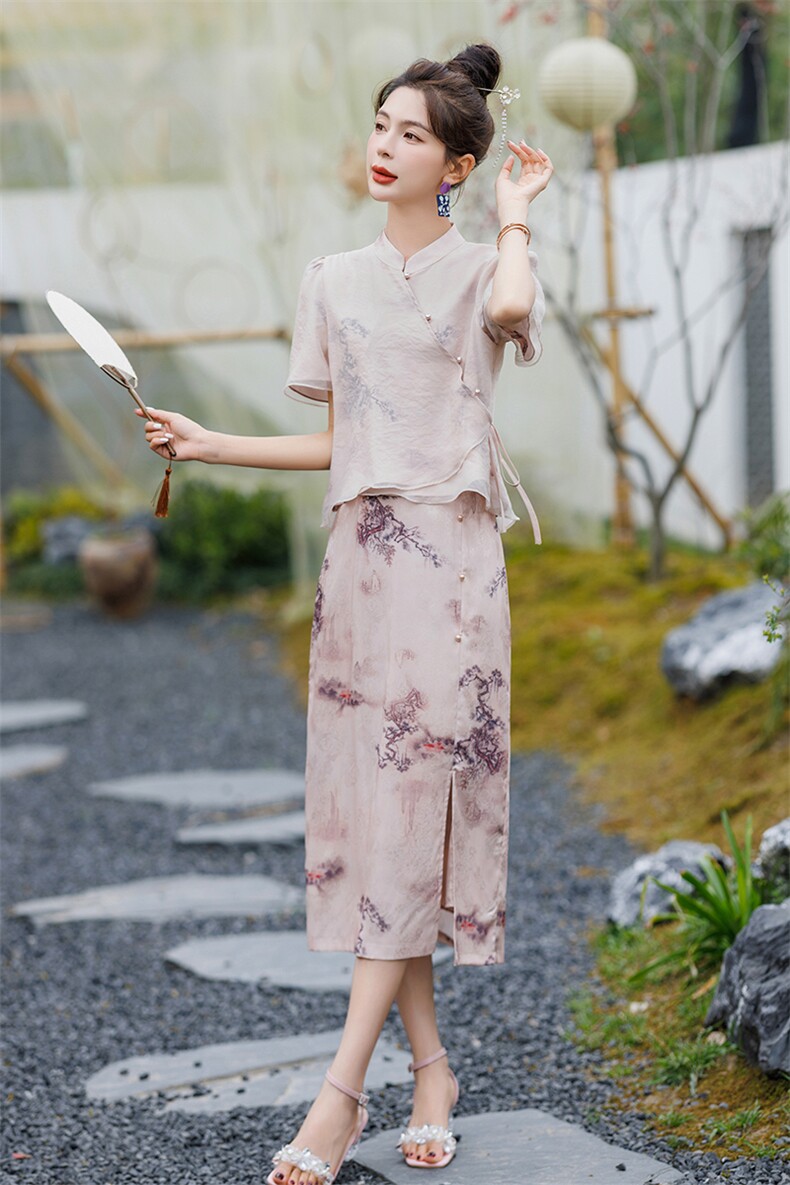 新中式改良旗袍2026年夏季新款气质长裙高级感半身裙两件套女,女装套装/套裙,霓裳依族