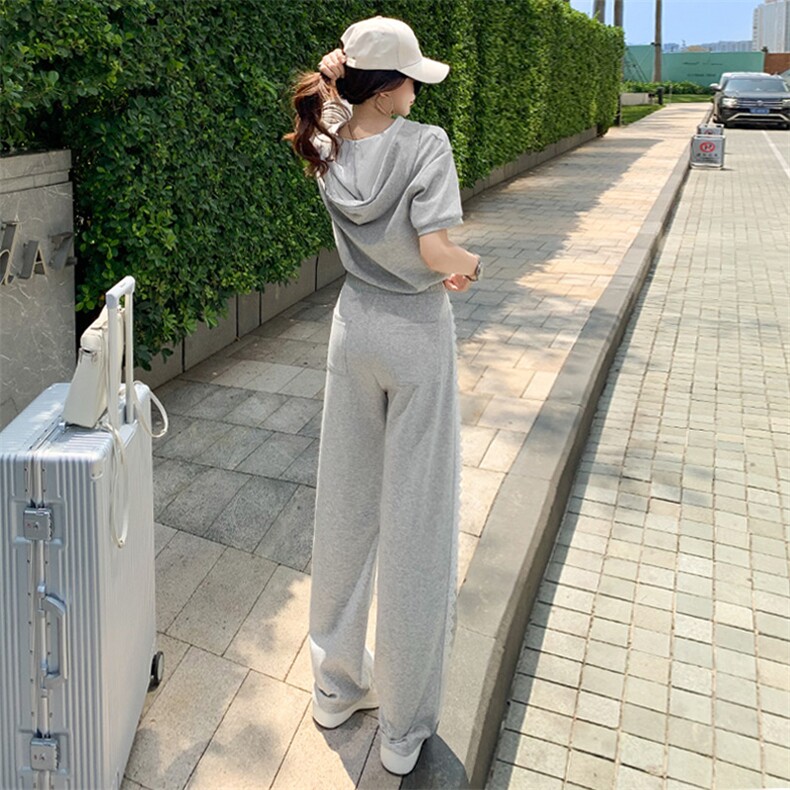 韩版时尚休闲运动套装女夏季新款蕾丝拼接连帽卫衣阔腿裤两件套潮,女装套装/套裙,2C310