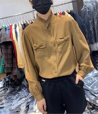 2021秋季新款欧洲站长袖口袋蝴蝶结气质纯色百搭显瘦时尚衬衫，女装衬衫，L·H·X