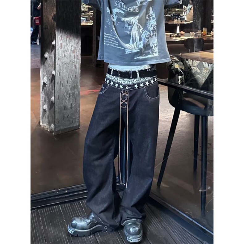 原创小众双腰原牛弯刀牛仔裤叠堆设计感显高,男装牛仔裤,四季星座505