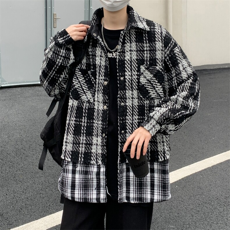 拼接格子夹克男假两件设计感潮流宽松棉衣外套JK02271-P80图片