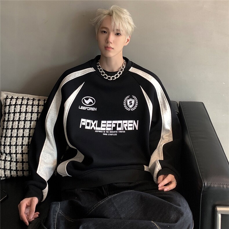 插肩袖卫衣360克重磅65棉复古运动黑白拼接运动长袖W85-P68，男装卫衣，电商C307