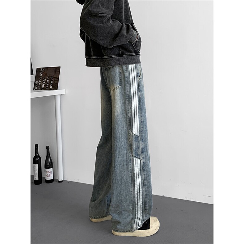 复古牛仔裤男士秋冬直筒宽松阔腿裤美式潮牌条纹长裤子N0791-P45,男装牛仔裤,星座308B-1