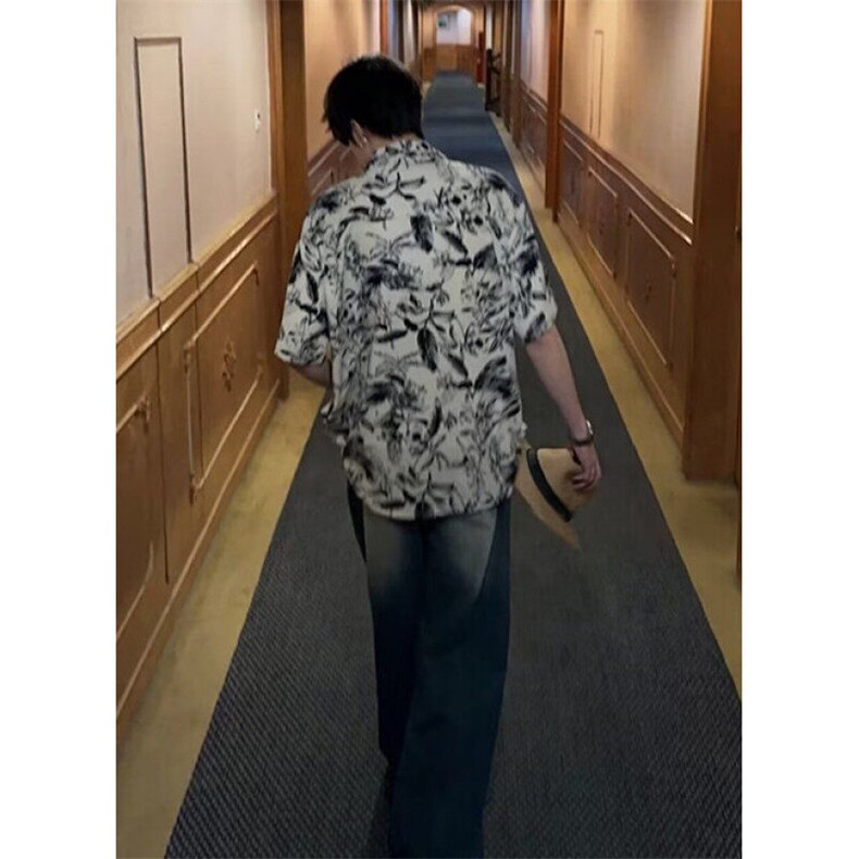 夏季沙滩度假风痞帅花衬衫男冷淡风复古设计冰感薄款短袖C2135,男装T恤,星座1116A（原606A-3）