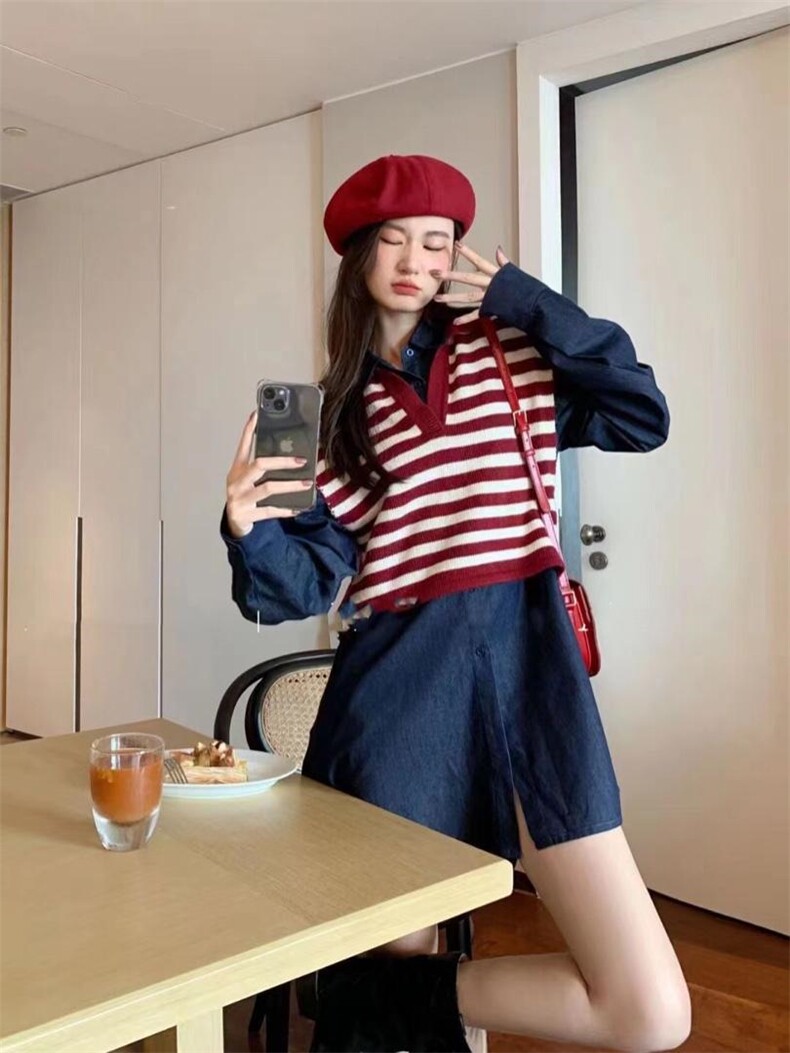 秋季新款漏肩牛仔衬衫?马甲两件套，女装衬衫，lstana