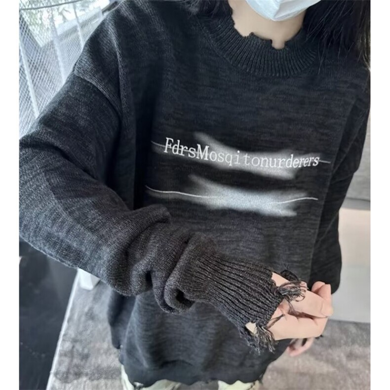 美式划线印花图案圆领套头上衣男宽松百搭休闲针织毛衣 ME1109图片
