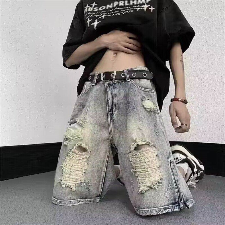 现货美式破洞牛仔短裤男夏季直筒宽松潮牌阔腿五分裤LD9533-P40,男装牛仔裤,星座1008