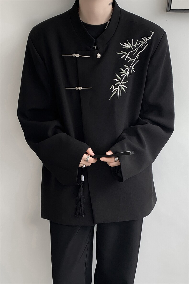 新中式刺绣西服外套大码风立领金属扣垫肩夹克中山装LX001特P85,男装夹克,电商B215