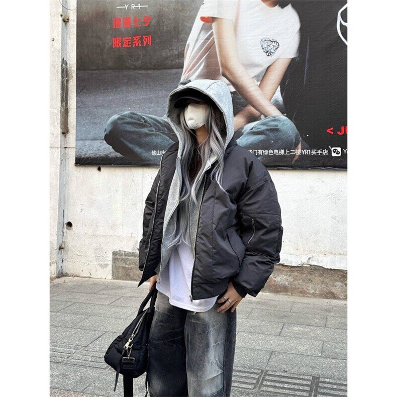 假两件连帽棉衣外套女冬季韩系复古时尚高级感棒球服宽松加厚棉服图片
