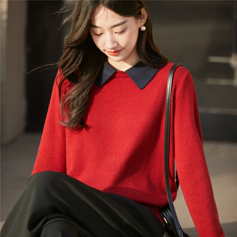 2025年秋季时尚百搭通勤简约休闲鱼骨纹polo领，女装羊毛衫，晨旭羊绒