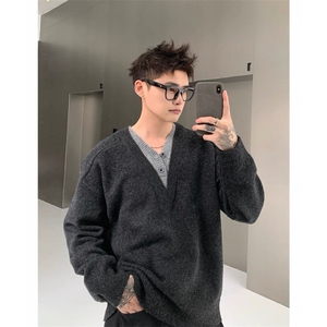 现货】含羊毛纱线老钱风V领毛衣假两件针织衫M7005图片