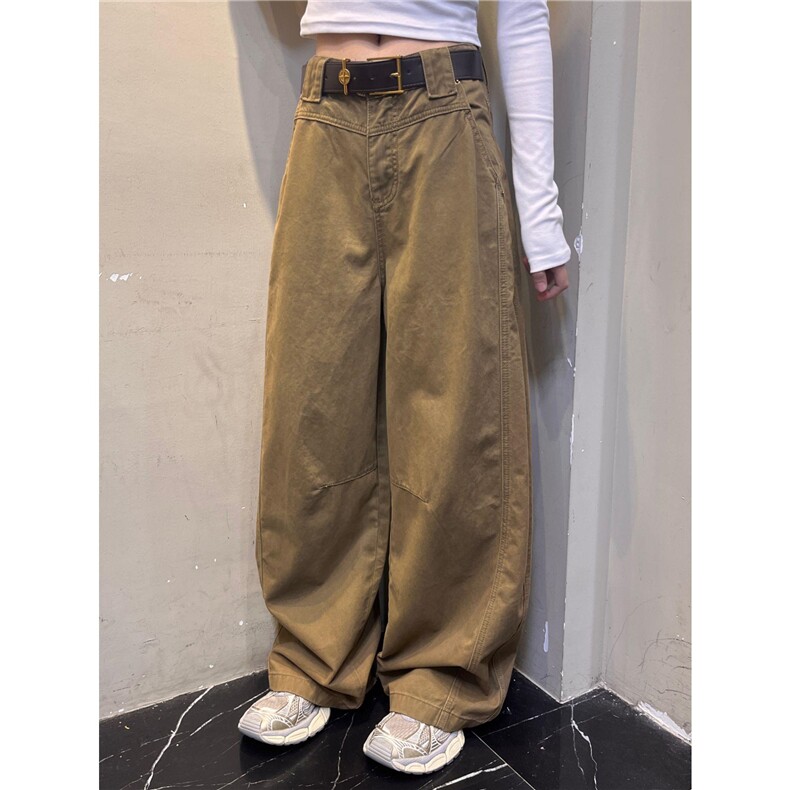 卡其色解构弯刀工装裤女款秋季美式复古裤子直筒微喇阔腿休闲长裤,男装休闲裤,电商A014