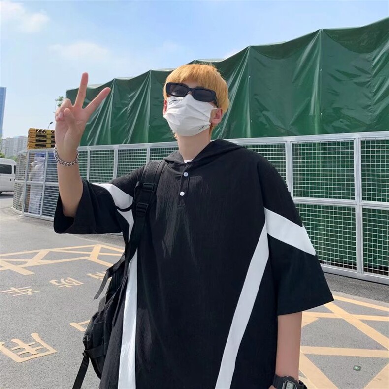 夏季七分袖男连帽卫衣宽松大码日系潮撞色仿亚麻五分短袖带帽上衣,男装卫衣,星座1013