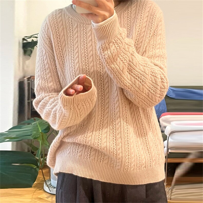 2025年秋季新款百搭女士圆领麻花加厚保暖套头羊毛衫,女装羊毛衫,新胜羊绒