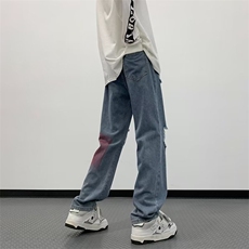 美式高街破洞牛仔裤男直筒宽松设计感印色潮牌长裤子K1529-P48，男装牛仔裤，星座1109-3
