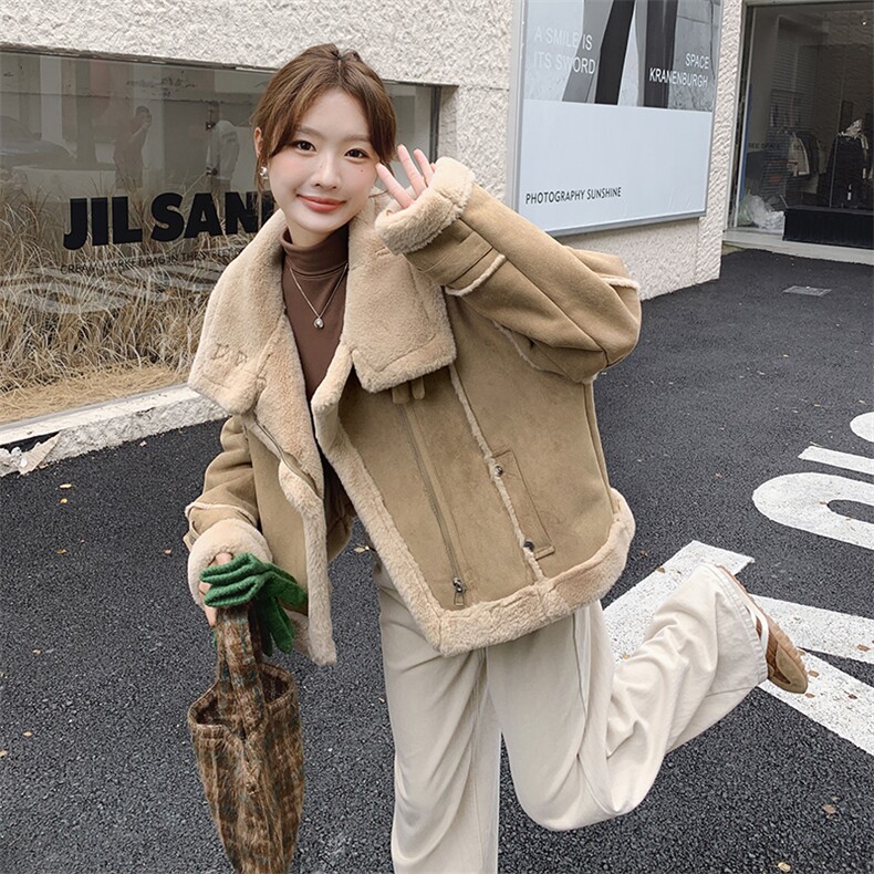【新款现货】皮毛一体麂皮短款保暖机车服外套99033款P195K278图片