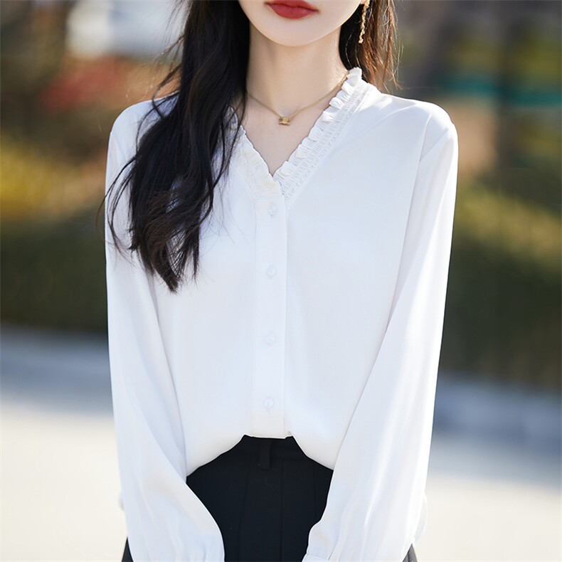 春秋新款缎面真丝长袖开衫女V领木耳边纯色百搭上衣宽松醋酸衬衫，女装衬衫，臻维羊绒