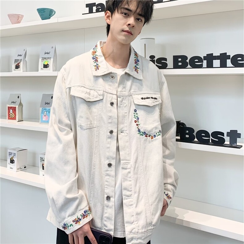 牛仔外套男士韩版潮流宽松刺绣拼色2024秋冬季ins外套W5853-P69,男装工装外套,星座412-2