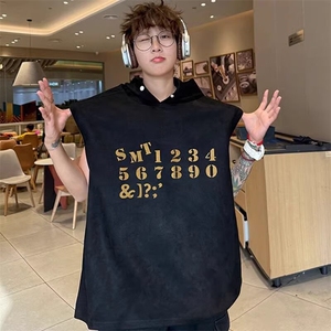 美式运动篮球服连帽卫衣健身带帽背心男夏季无袖坎肩t恤麂皮绒图片