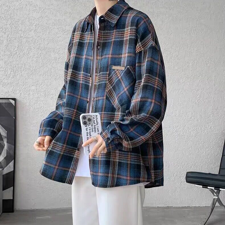 蓝色格子衬衫男女高级感痞帅春秋外套小众情侣长袖衬衣LL333P38,男装衬衫,星座1013-5