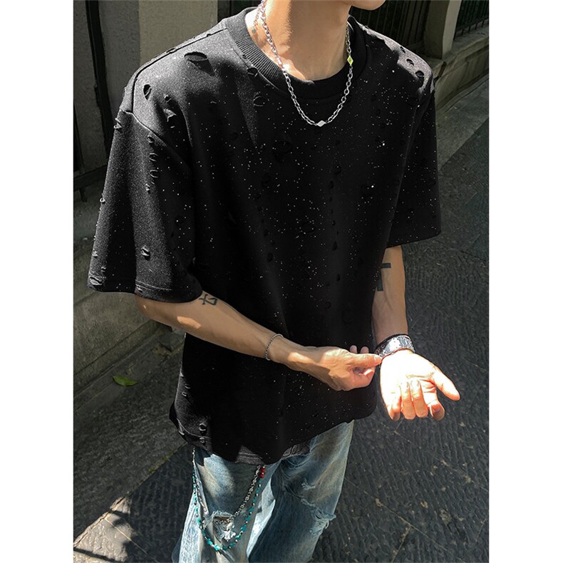 T322-特P20控48220克夏季潮流破洞满天星圆领短袖男宽松打底衫,男装T恤,电商A058-1（原电商C417）