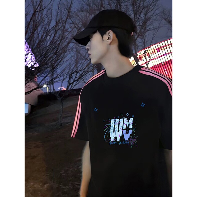 抖音得物品质二开240克宽松纯棉美式潮牌印花三条杠中性风短袖T恤,男装T恤,电商A486