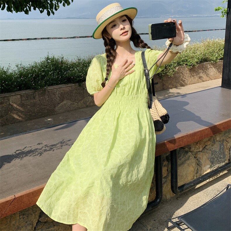 绿色森系小清新连衣裙女夏季新款法式肌理感甜美182-8559P125K188,女装连衣裙,帛香坊
