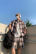 夏季扎染格子套装上衣DC2240特P25控49-裤子DK8627特P21控48，男装休闲套装，电商A007